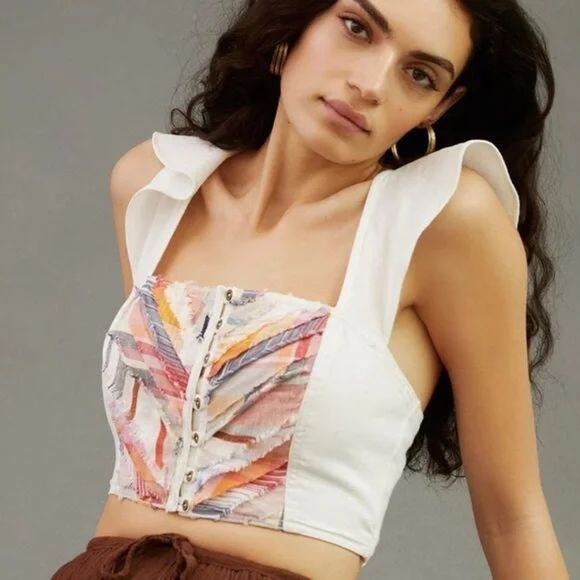 NWT Anthropologie Pilcro Cotton & Linen Multicolor Cropped Ruffle Open Back Tank - Picture 5 of 15